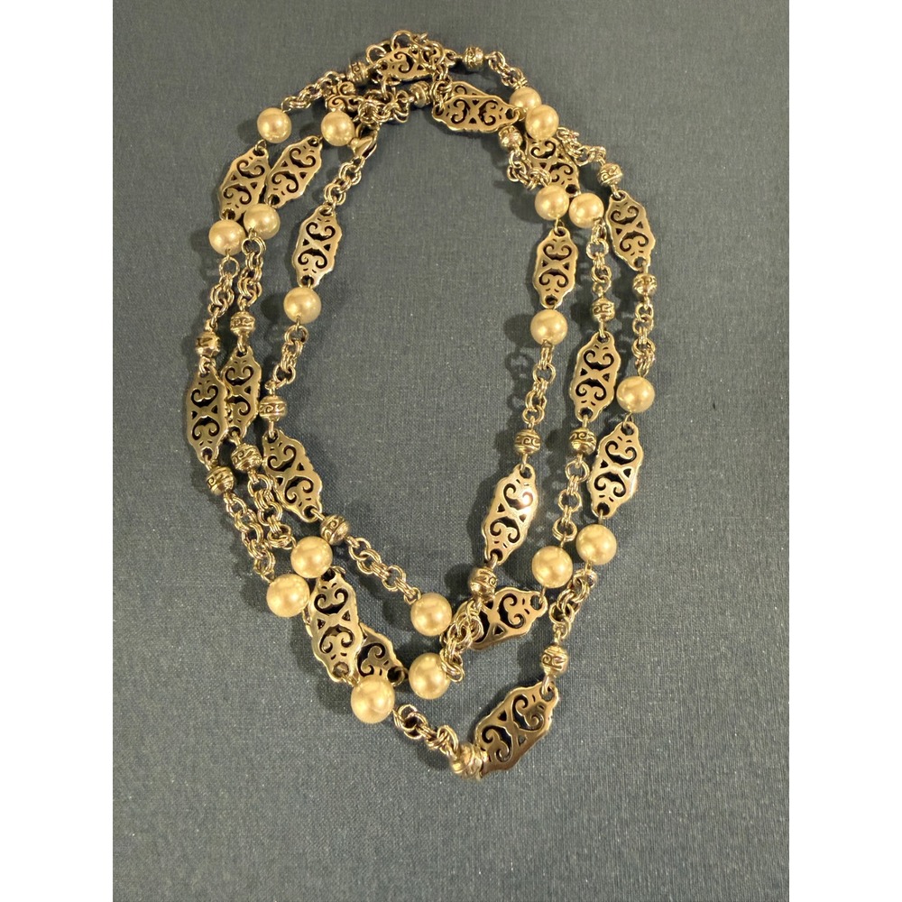 Brighton Silver Tone Filigree Scrollwork Faux Pearl Long Station Necklace